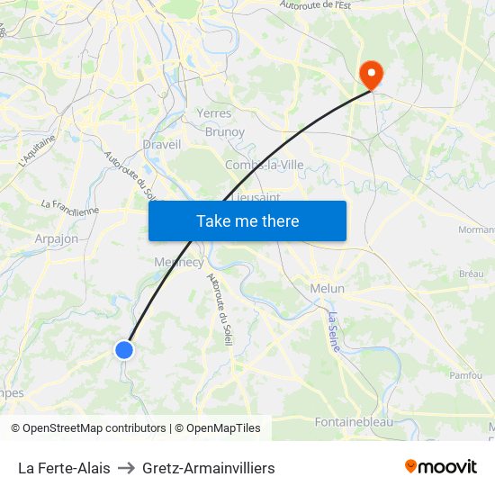 La Ferte-Alais to Gretz-Armainvilliers map