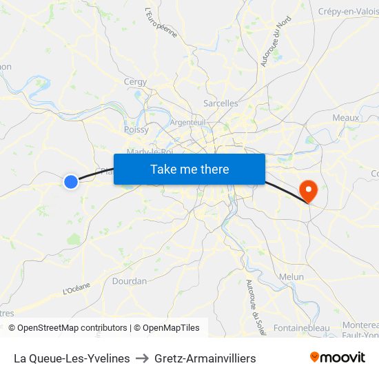 La Queue-Les-Yvelines to Gretz-Armainvilliers map