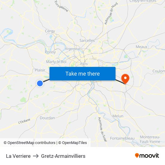 La Verriere to Gretz-Armainvilliers map