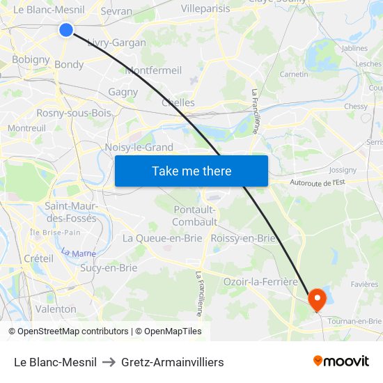 Le Blanc-Mesnil to Gretz-Armainvilliers map