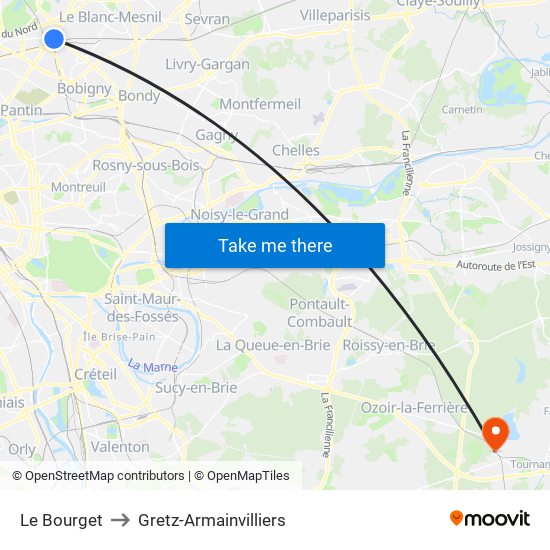 Le Bourget to Gretz-Armainvilliers map