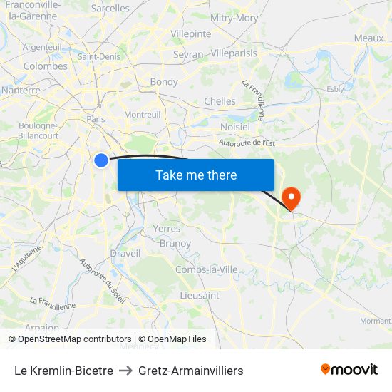 Le Kremlin-Bicetre to Gretz-Armainvilliers map