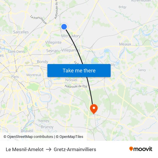 Le Mesnil-Amelot to Gretz-Armainvilliers map