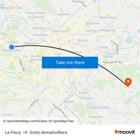 Le Pecq to Gretz-Armainvilliers map