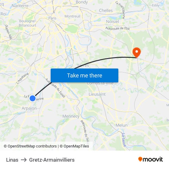 Linas to Gretz-Armainvilliers map