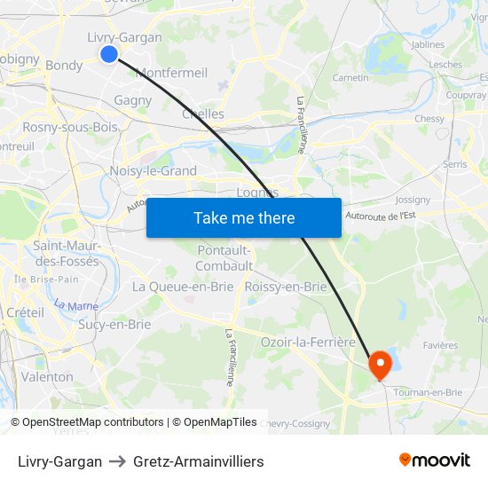 Livry-Gargan to Gretz-Armainvilliers map