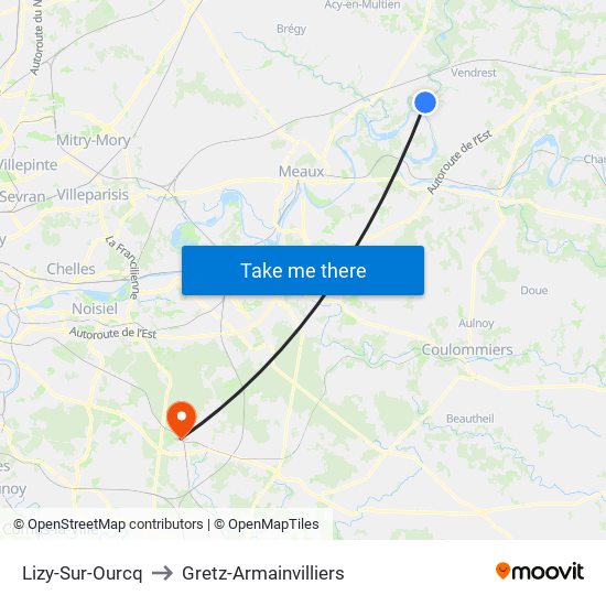 Lizy-Sur-Ourcq to Gretz-Armainvilliers map