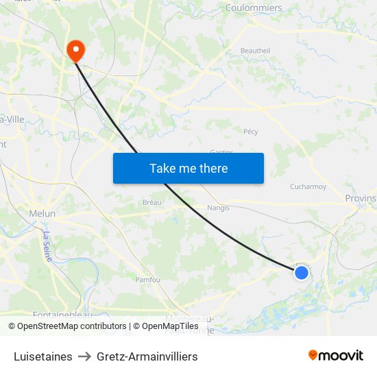Luisetaines to Gretz-Armainvilliers map