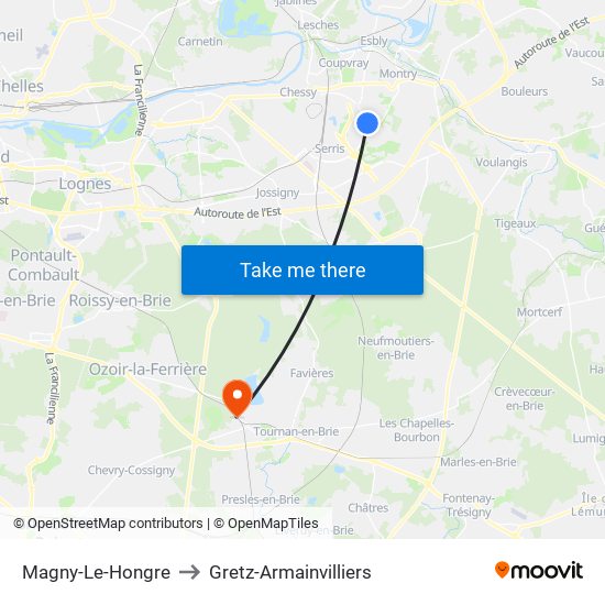 Magny-Le-Hongre to Gretz-Armainvilliers map