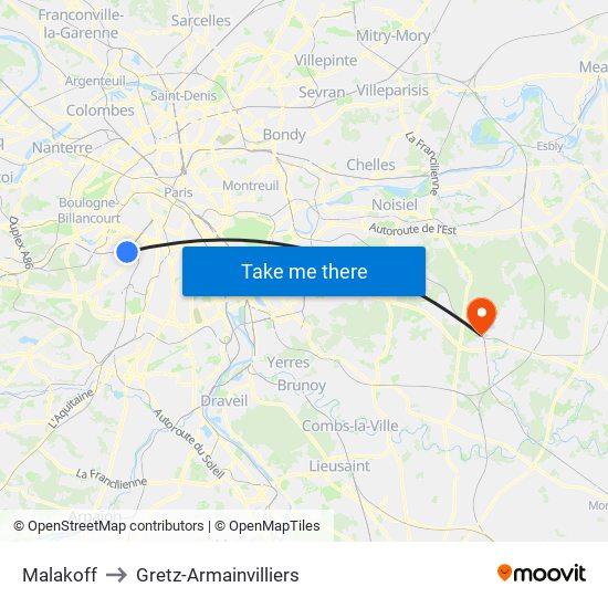 Malakoff to Gretz-Armainvilliers map