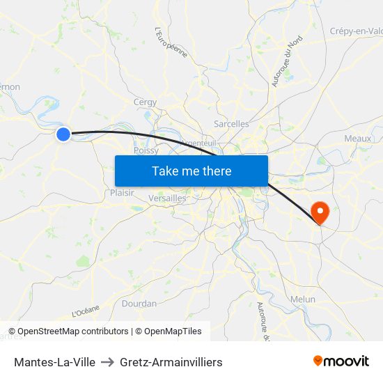 Mantes-La-Ville to Gretz-Armainvilliers map