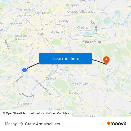 Massy to Gretz-Armainvilliers map