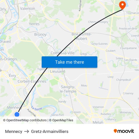 Mennecy to Gretz-Armainvilliers map