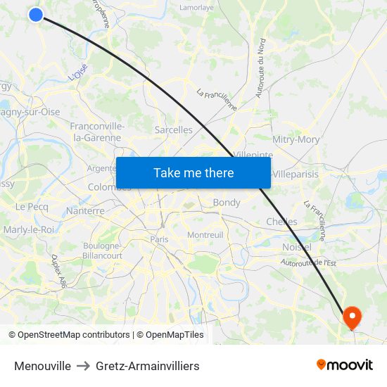 Menouville to Gretz-Armainvilliers map