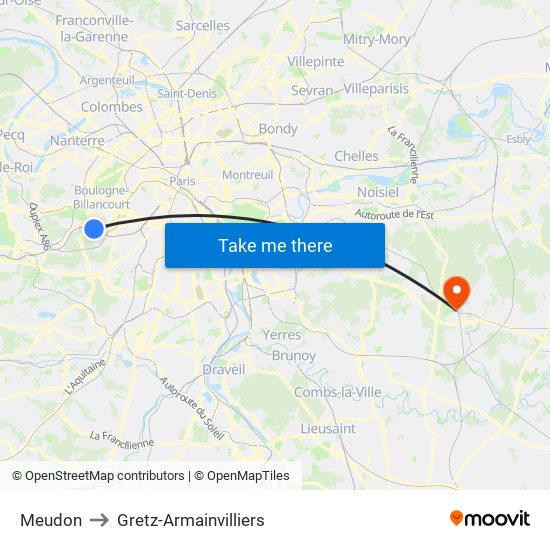 Meudon to Gretz-Armainvilliers map