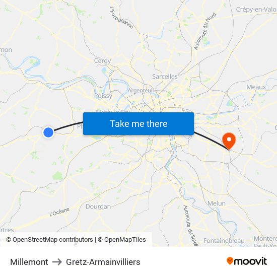 Millemont to Gretz-Armainvilliers map