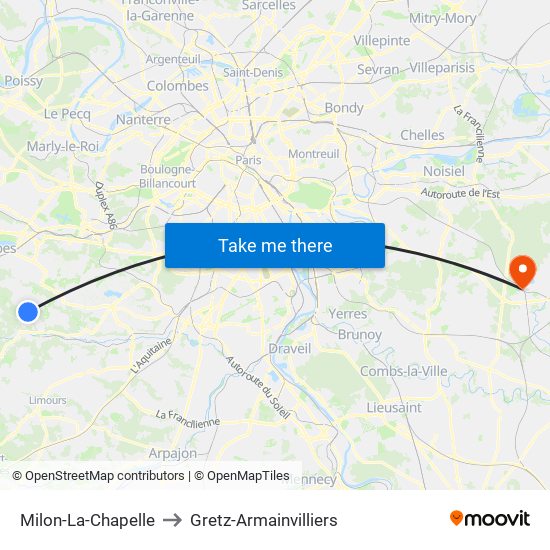 Milon-La-Chapelle to Gretz-Armainvilliers map