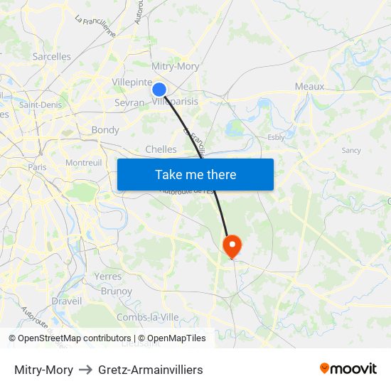 Mitry-Mory to Gretz-Armainvilliers map