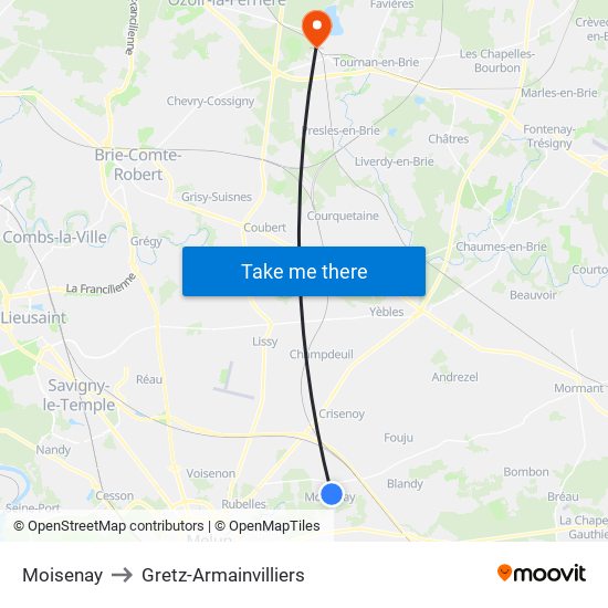 Moisenay to Gretz-Armainvilliers map