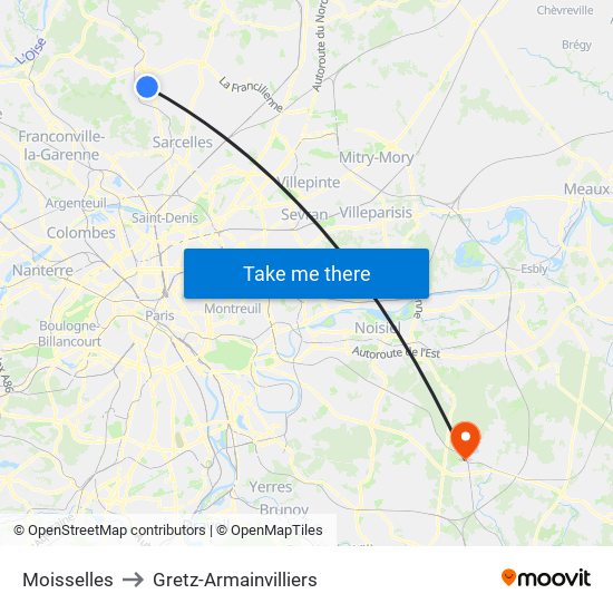 Moisselles to Gretz-Armainvilliers map