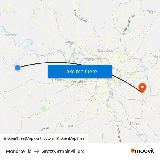 Mondreville to Gretz-Armainvilliers map
