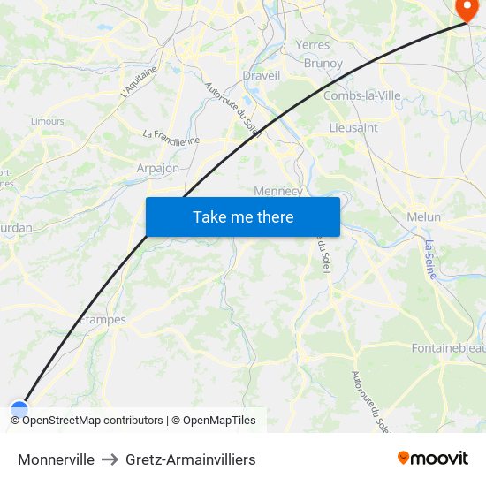Monnerville to Gretz-Armainvilliers map