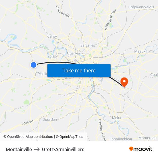 Montainville to Gretz-Armainvilliers map