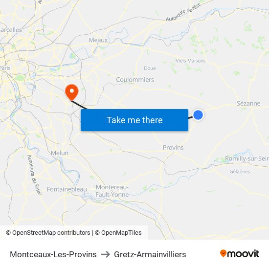 Montceaux-Les-Provins to Gretz-Armainvilliers map