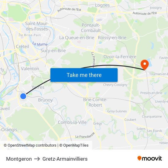 Montgeron to Gretz-Armainvilliers map