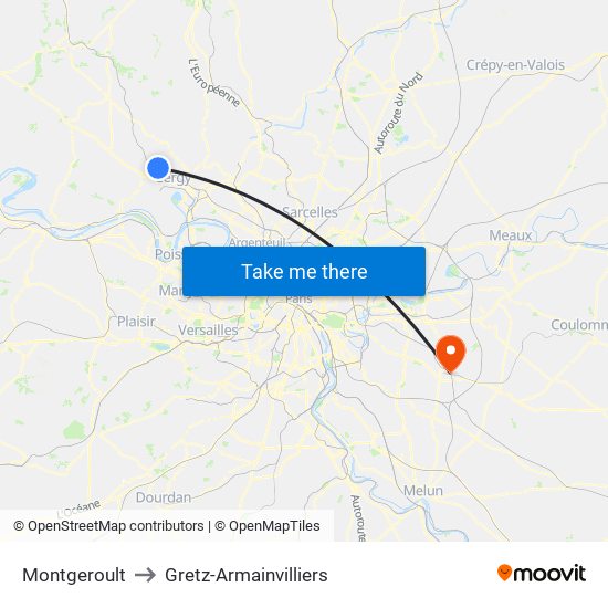 Montgeroult to Gretz-Armainvilliers map