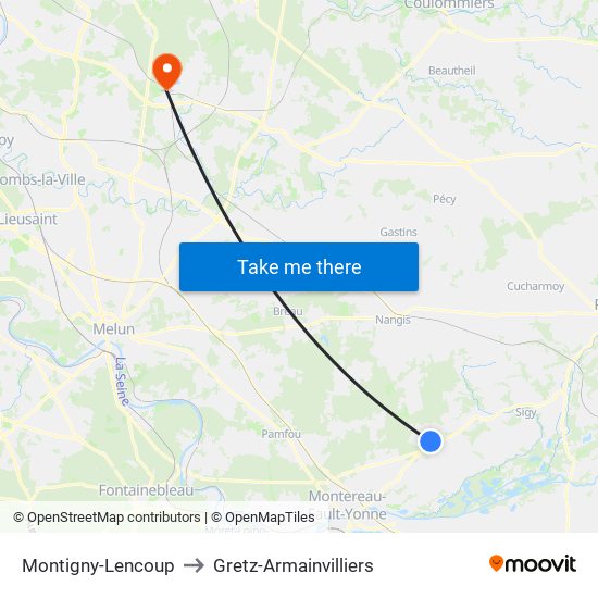 Montigny-Lencoup to Gretz-Armainvilliers map