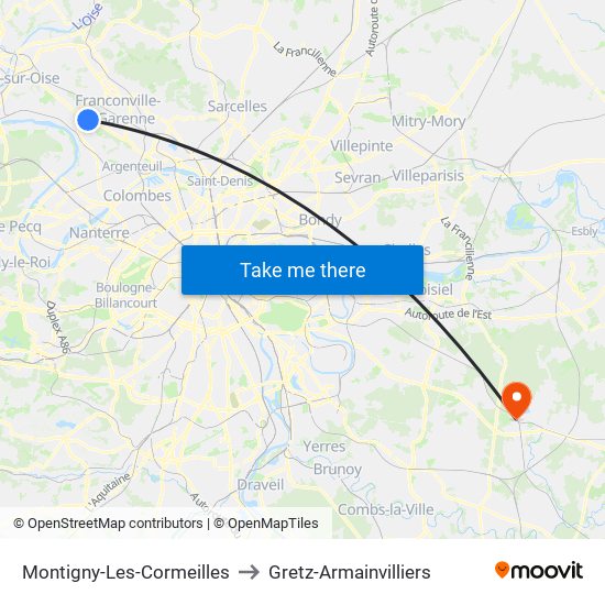 Montigny-Les-Cormeilles to Gretz-Armainvilliers map