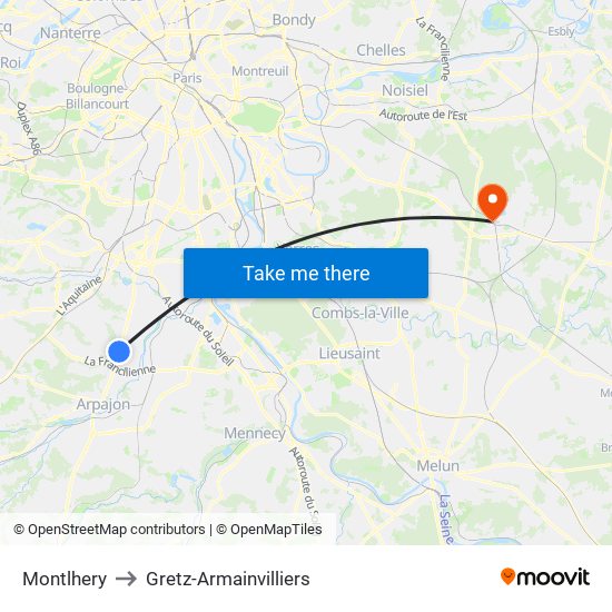 Montlhery to Gretz-Armainvilliers map