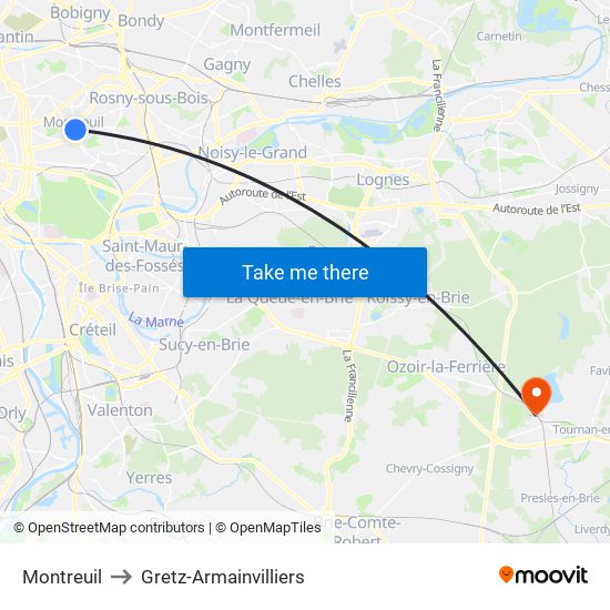 Montreuil to Gretz-Armainvilliers map