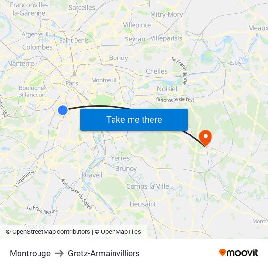 Montrouge to Gretz-Armainvilliers map