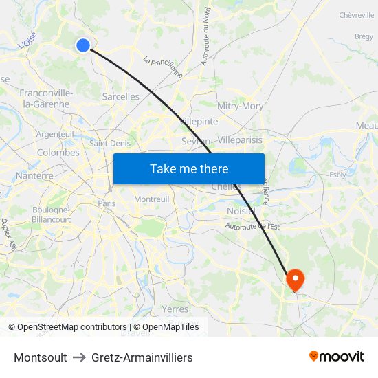 Montsoult to Gretz-Armainvilliers map