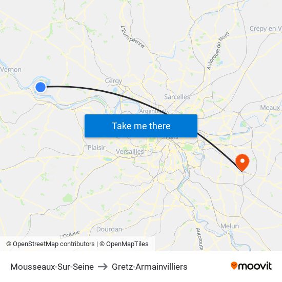 Mousseaux-Sur-Seine to Gretz-Armainvilliers map
