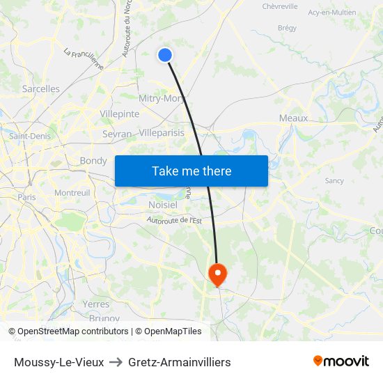 Moussy-Le-Vieux to Gretz-Armainvilliers map