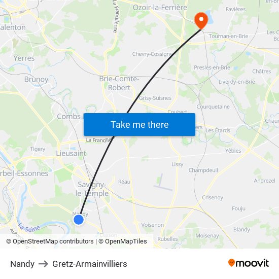 Nandy to Gretz-Armainvilliers map