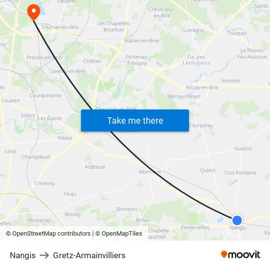 Nangis to Gretz-Armainvilliers map