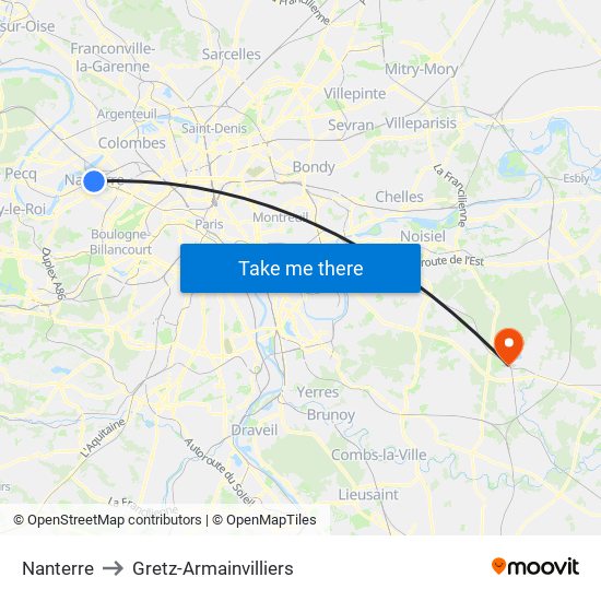 Nanterre to Gretz-Armainvilliers map