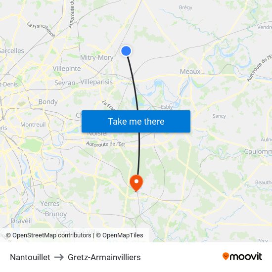 Nantouillet to Gretz-Armainvilliers map