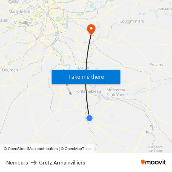 Nemours to Gretz-Armainvilliers map