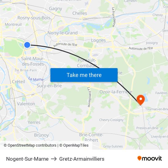 Nogent-Sur-Marne to Gretz-Armainvilliers map