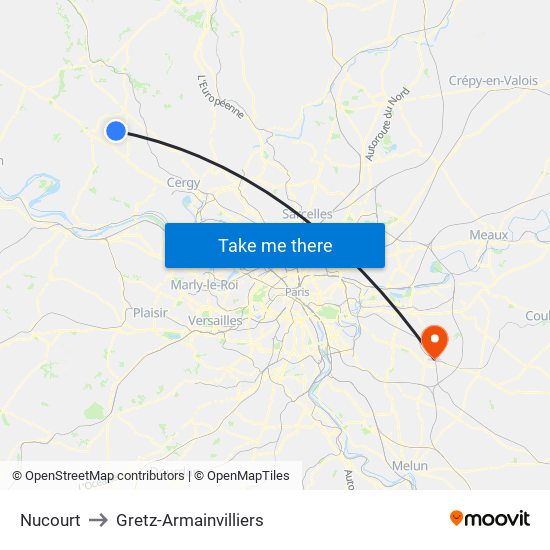 Nucourt to Gretz-Armainvilliers map