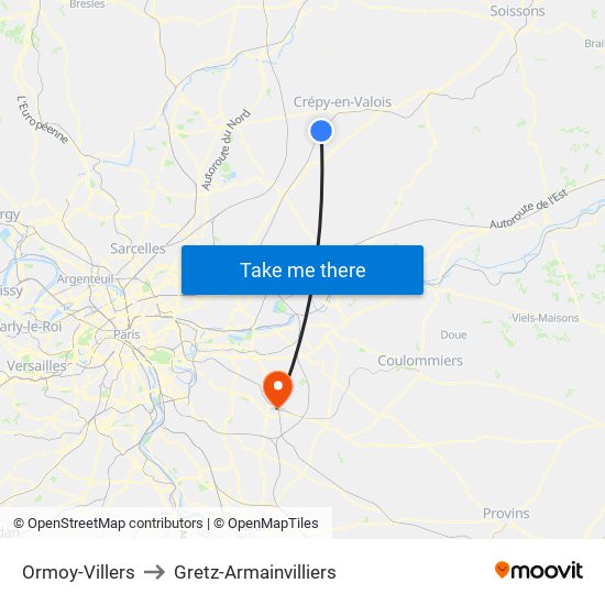 Ormoy-Villers to Gretz-Armainvilliers map