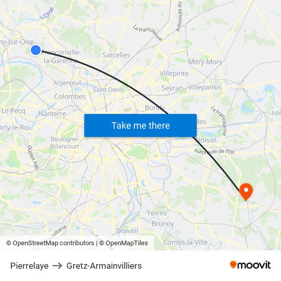 Pierrelaye to Gretz-Armainvilliers map