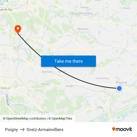 Poigny to Gretz-Armainvilliers map