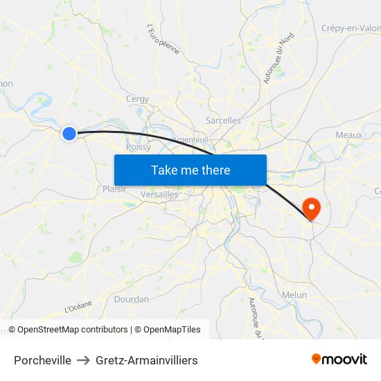 Porcheville to Gretz-Armainvilliers map