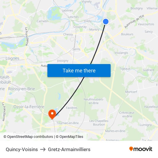 Quincy-Voisins to Gretz-Armainvilliers map